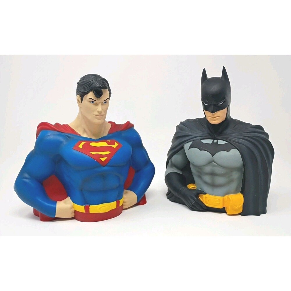 SUPERMAN/BATMAN Bust Molded Piggy BANK DC Comics Coin Bank 7.5” Hard Plastic